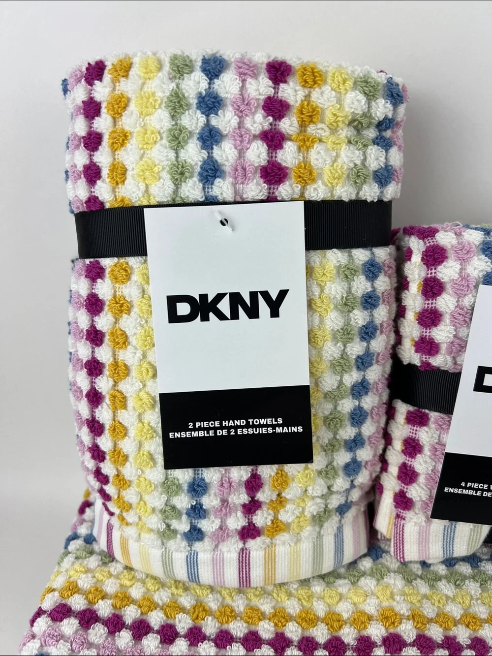 DKNY Bath Towel Set Multicolor Striped & Dot Bath Hand Wash Soft Cotton 8 Pc NEW